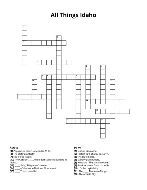 All Things Idaho Crossword Puzzle