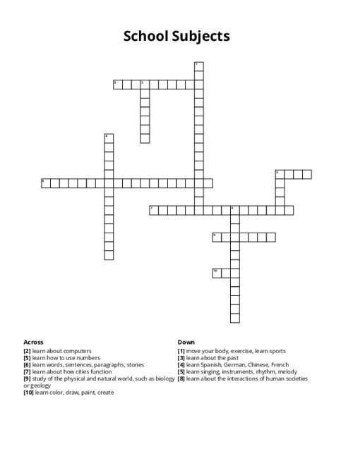 School Subjects Crossword Puzzle