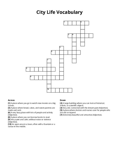 City Life Vocabulary Crossword Puzzle