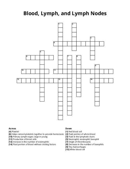 Blood, Lymph, and Lymph Nodes Crossword Puzzle