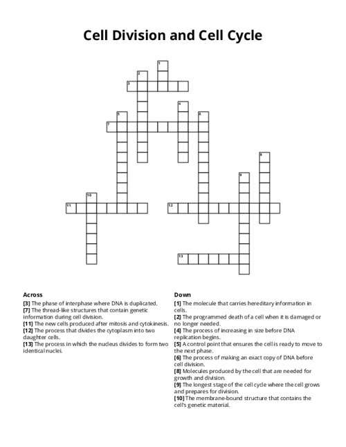 Cell Division and Cell Cycle Crossword Puzzle