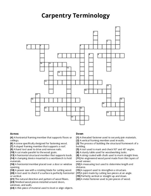 Carpentry Terminology Crossword Puzzle