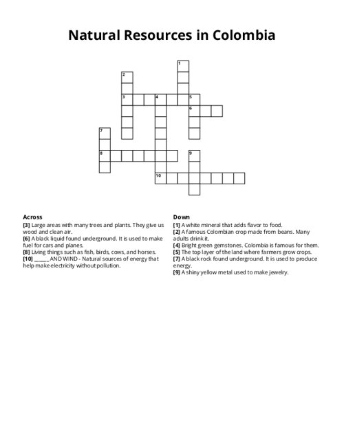 Natural Resources in Colombia Crossword Puzzle