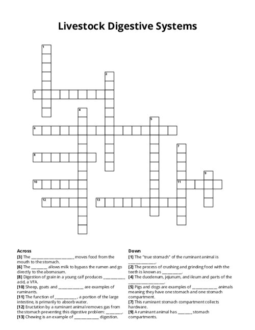 Livestock Digestive Systems Crossword Puzzle