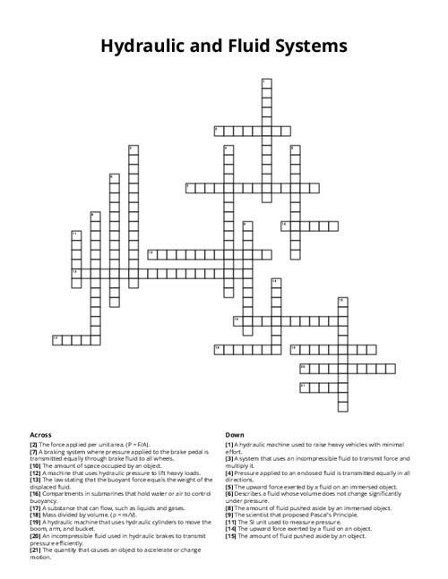 Hydraulic and Fluid Systems Crossword Puzzle
