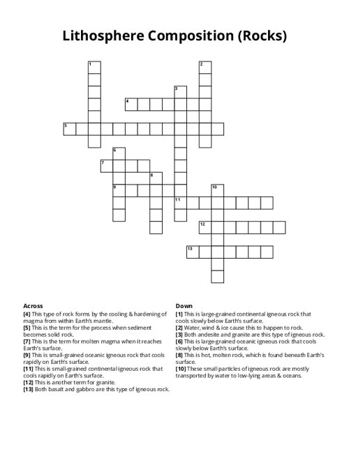 Lithosphere Composition (Rocks) Crossword Puzzle