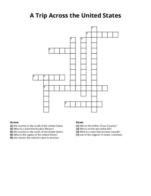 A Trip Across the United States Crossword Puzzle