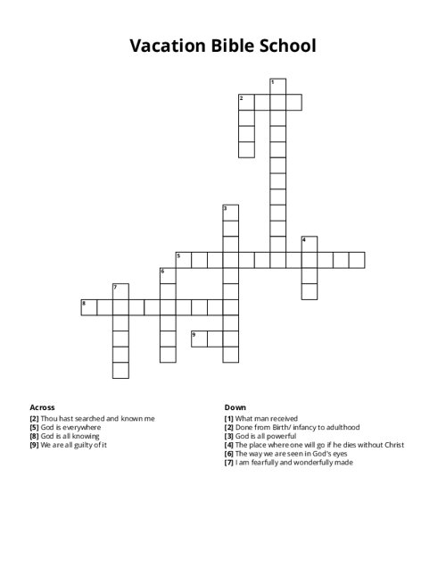 Vacation Bible School Crossword Puzzle