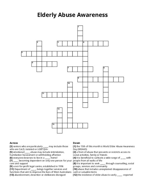 Elderly Abuse Awareness Crossword Puzzle
