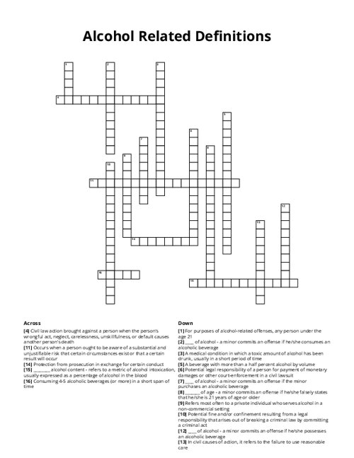 Alcohol Related Definitions Crossword Puzzle