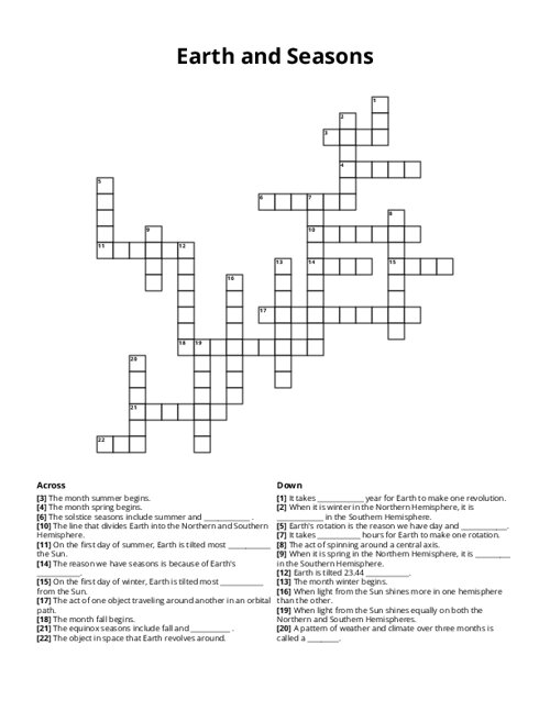 Earth and Seasons Crossword Puzzle