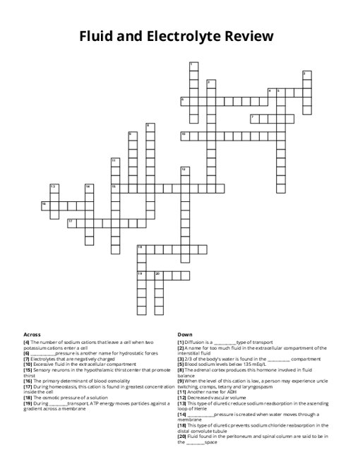 Fluid and Electrolyte Review Crossword Puzzle