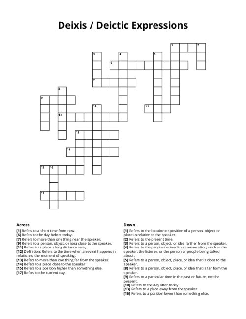 Deixis / Deictic Expressions Crossword Puzzle
