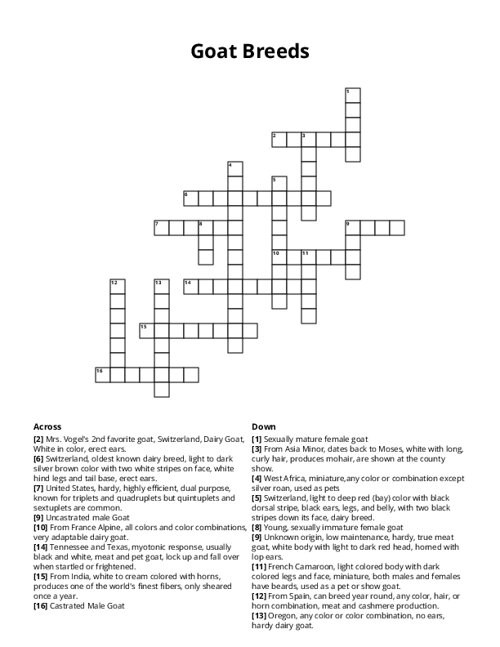 Goat Breeds Crossword Puzzle