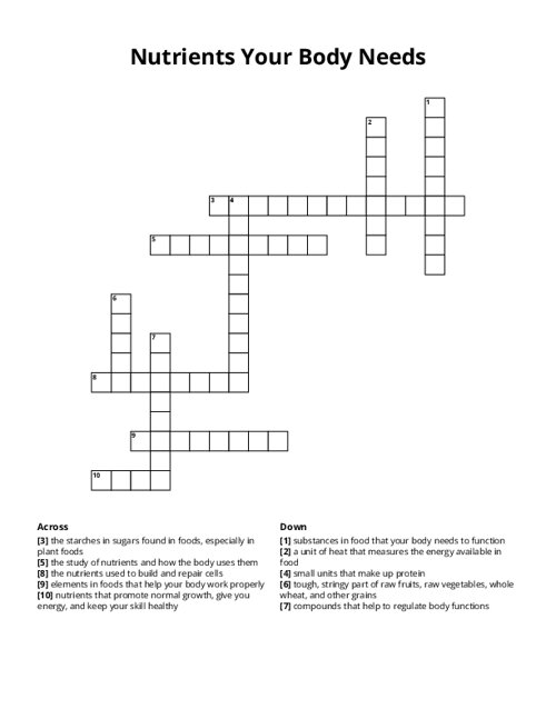 Nutrients Your Body Needs Crossword Puzzle