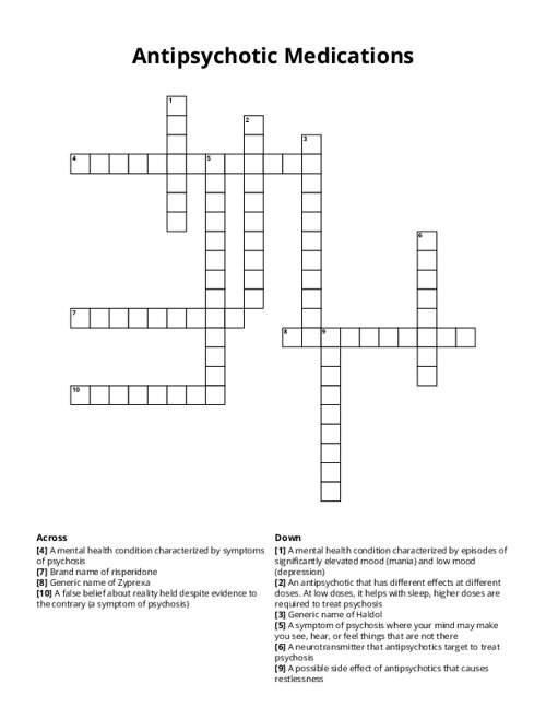 Antipsychotic Medications Crossword Puzzle