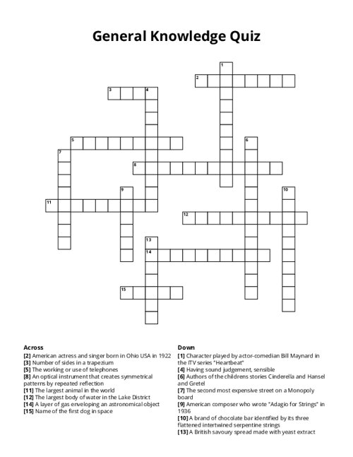 General Knowledge Quiz Crossword Puzzle
