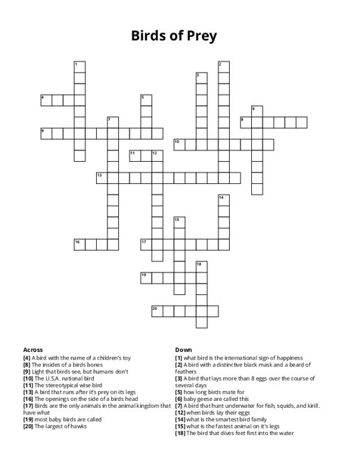 Birds of Prey Crossword Puzzle