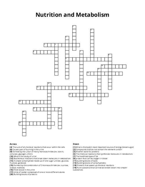 Nutrition and Metabolism Crossword Puzzle