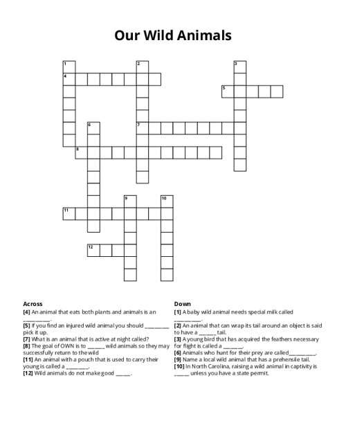 Our Wild Animals Crossword Puzzle
