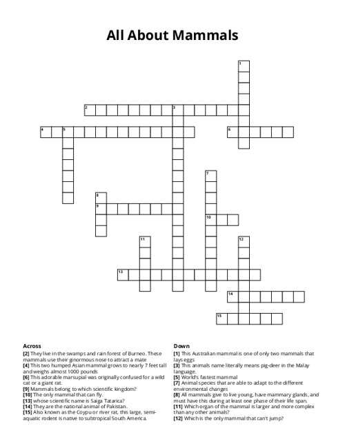All About Mammals Crossword Puzzle