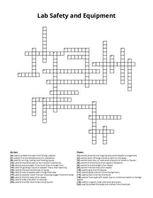 Lab Safety and Equipment Crossword Puzzle