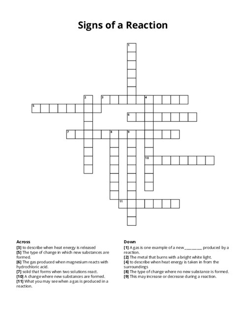 Signs of a Reaction Crossword Puzzle
