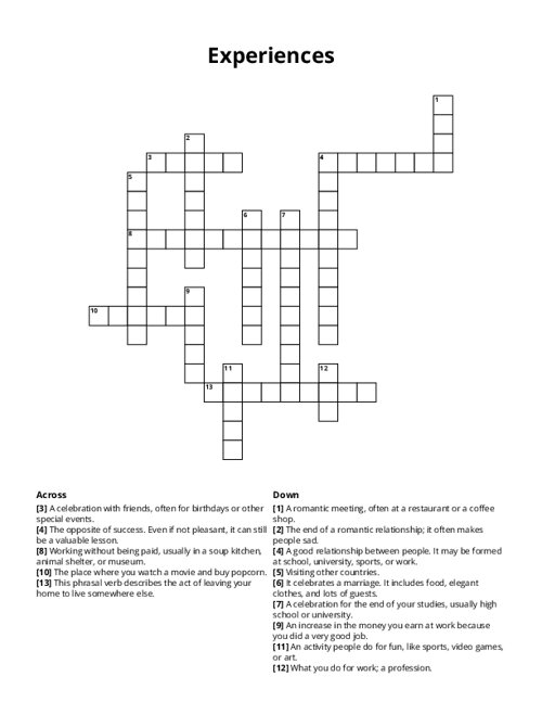 Experiences Crossword Puzzle
