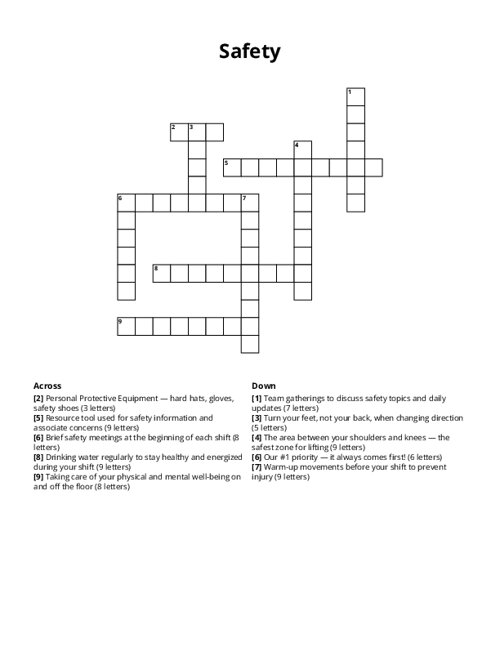 Safety Crossword Puzzle