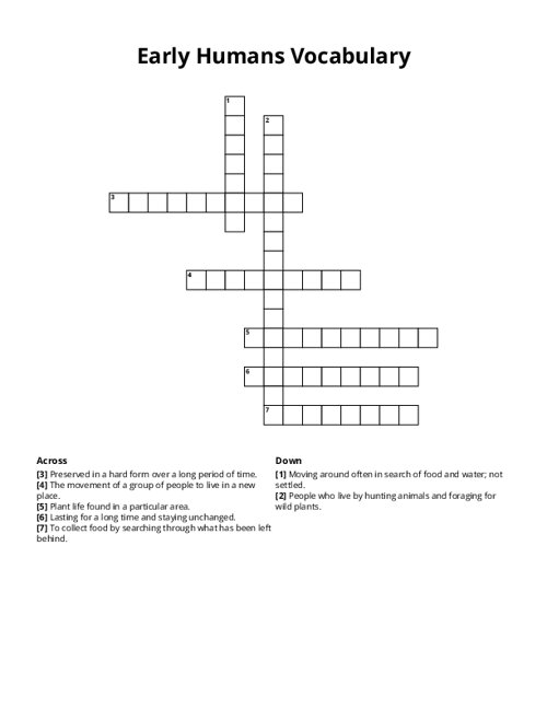 Early Humans Vocabulary Crossword Puzzle
