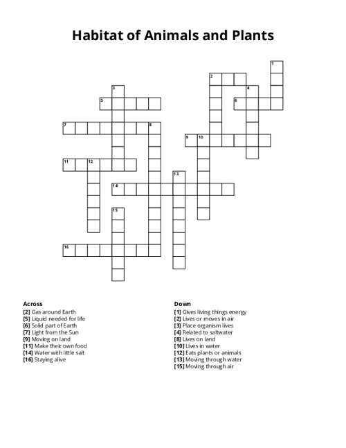 Habitat of Animals and Plants Crossword Puzzle