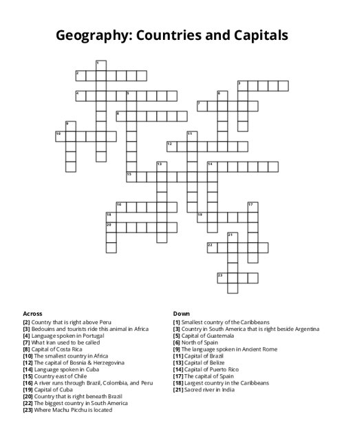 Geography: Countries and Capitals Crossword Puzzle