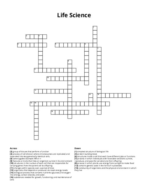 Life Science Crossword Puzzle
