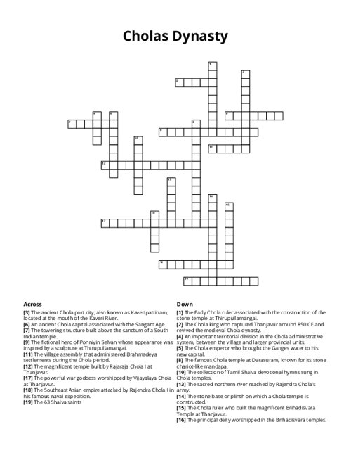Cholas Dynasty Crossword Puzzle