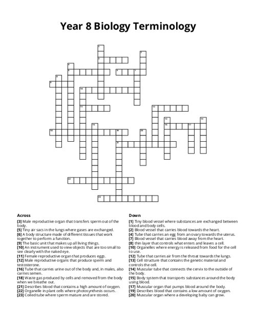 Year 8 Biology Terminology Crossword Puzzle