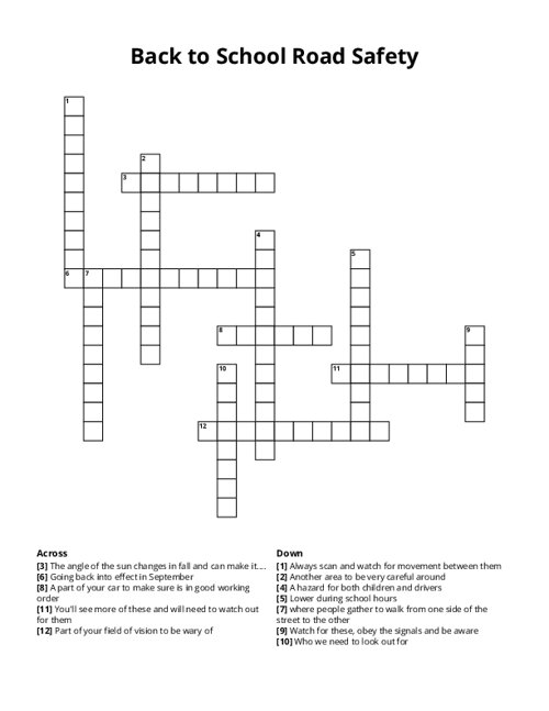 Back to School Road Safety Crossword Puzzle