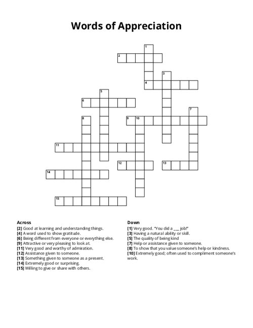 Words of Appreciation Crossword Puzzle