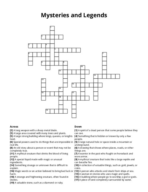 Mysteries and Legends Crossword Puzzle