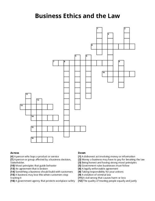 Business Ethics and the Law Crossword Puzzle