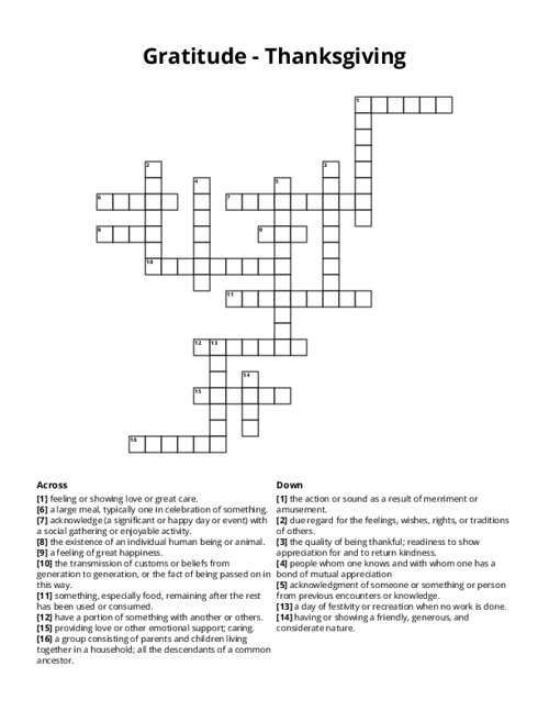 Gratitude - Thanksgiving Crossword Puzzle