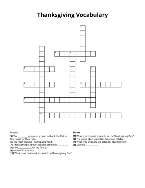 Thanksgiving Vocabulary Crossword Puzzle