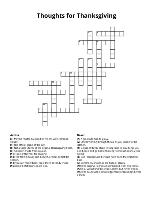 Thoughts for Thanksgiving Crossword Puzzle