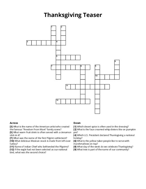 Thanksgiving Teaser Crossword Puzzle