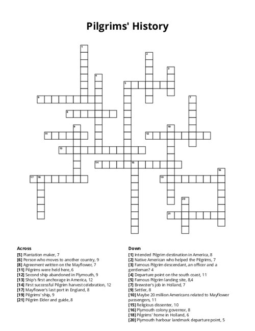Pilgrims' History Crossword Puzzle