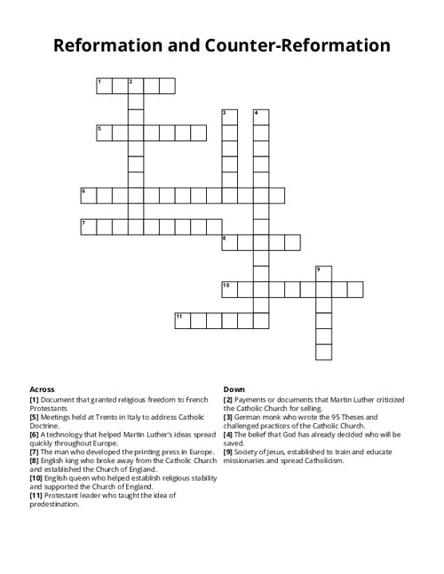 Reformation and Counter-Reformation Crossword Puzzle