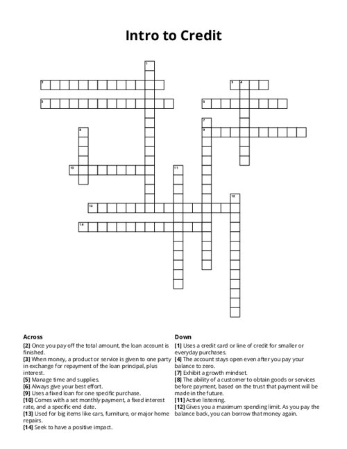 Intro to Credit Crossword Puzzle