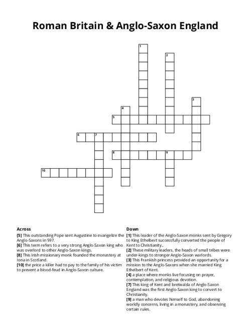 Roman Britain & Anglo-Saxon England Crossword Puzzle
