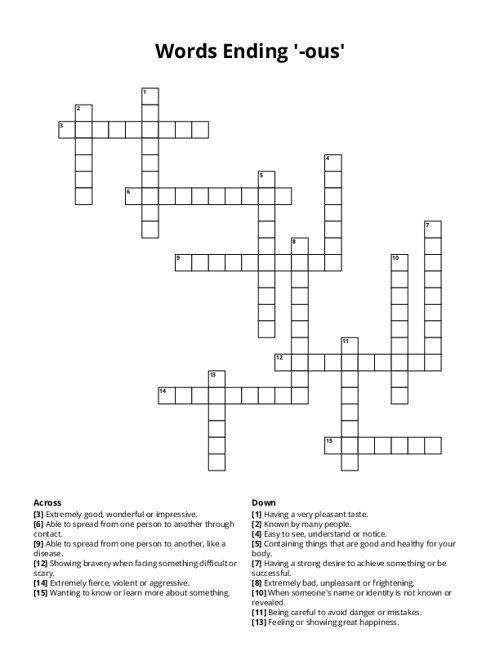 Words Ending '-ous' Crossword Puzzle