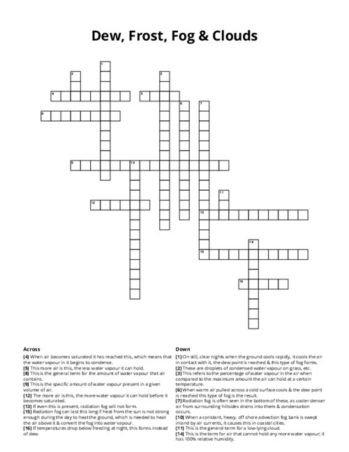 Dew, Frost, Fog & Clouds Crossword Puzzle