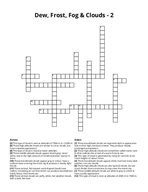 Dew, Frost, Fog & Clouds - 2 Crossword Puzzle